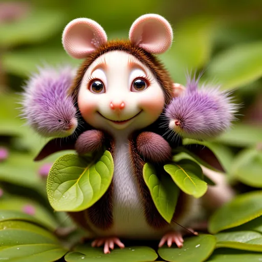 Prompt: a very cute baby mouse, wet but smiling hides from the rain under a large burdock leaf, moss, flowers, forest, fireflies around, night, fog, tenebroso, grazioso, LED lighting, pastel colors