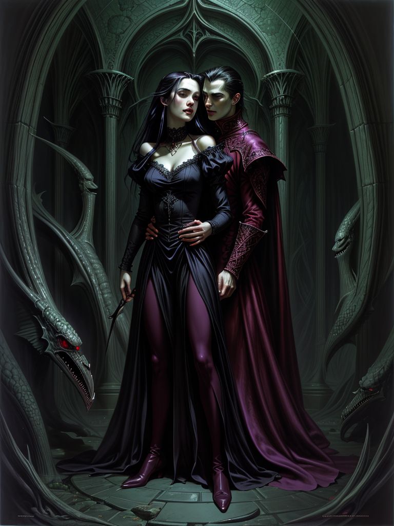 Prompt: dark fantasy, vampire, romance, book cover, high reality, surrealistic, 4k, by Donato Giancola and Gerald Brom