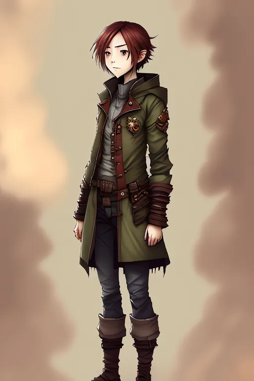 Prompt: a close up of a person wearing a jacket, highest quality, character profile art, airships, infantry girls, scowl, she has red hair, by Dong Yuan, inspired by Lydia Field Emmet, jett from valorant, military uniform, steam-punk, wavy short hazel hair, sage ( valorant ), new character