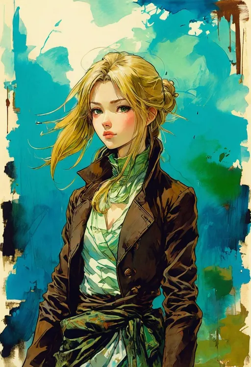 Prompt: yoji shinkawa's woman with blonde hair wearing a green shirt, quirky 1 9 th century, perfect coloring, ↑ ★★★★☆ ✦✦✦✦✦, avatar image, TIFF