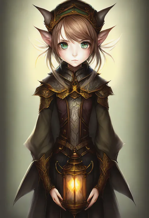 Prompt: a digital painting of a female elf holding a lantern, a character portrait, inspired by WLOP, | fine detail anime, full res, cutie, medium portrait of a goblin