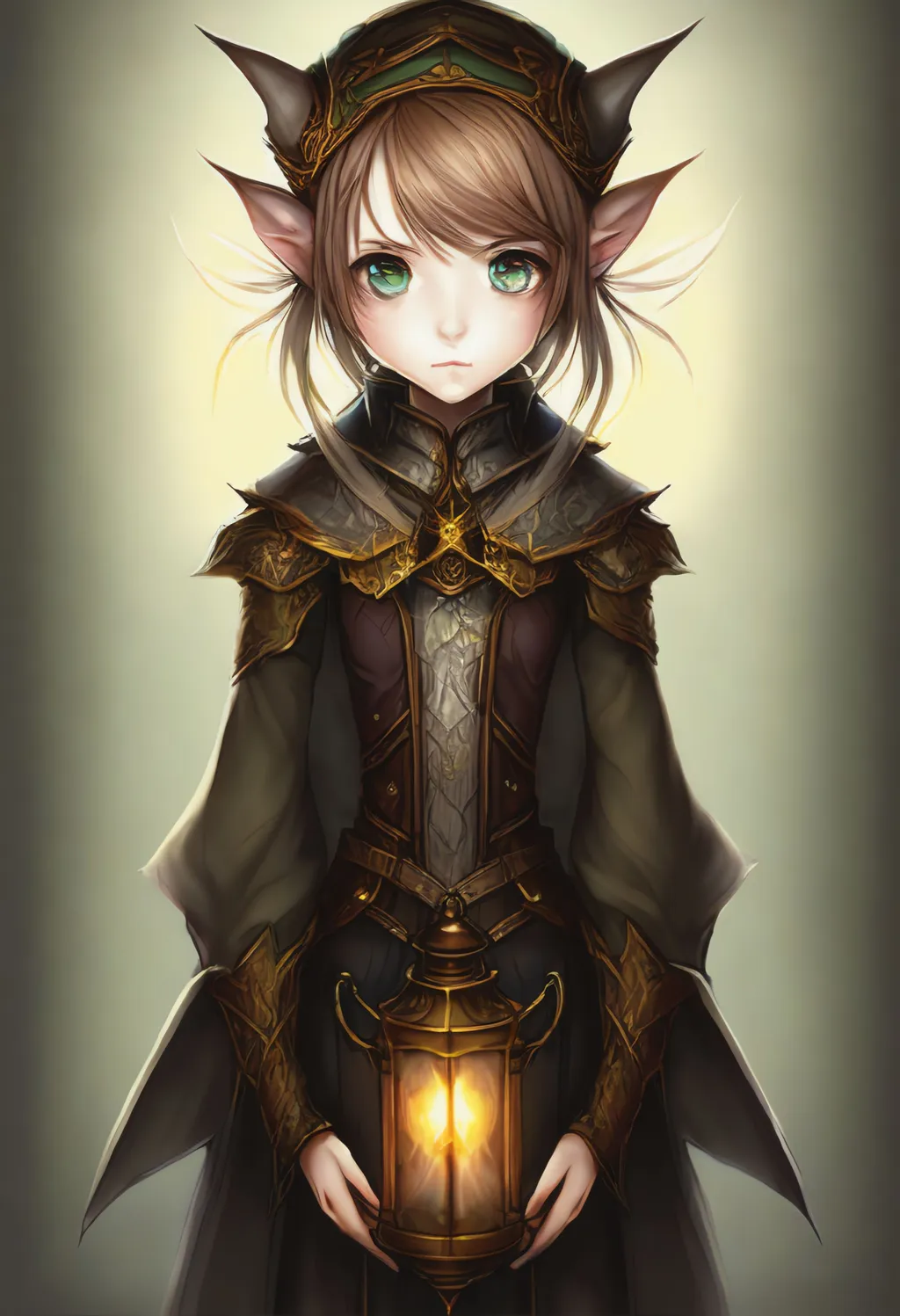 Prompt: a digital painting of a female elf holding a lantern, a character portrait, inspired by WLOP, | fine detail anime, full res, cutie, medium portrait of a goblin