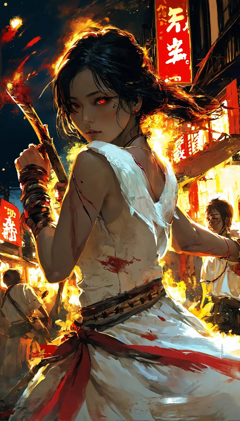 Prompt: tribe members attacking, by Eizan Kikukawa, a magazine cover with a woman, red and golden color details, a painting of a woman in a white dress, kansas town at midnight, pixiv contest winner