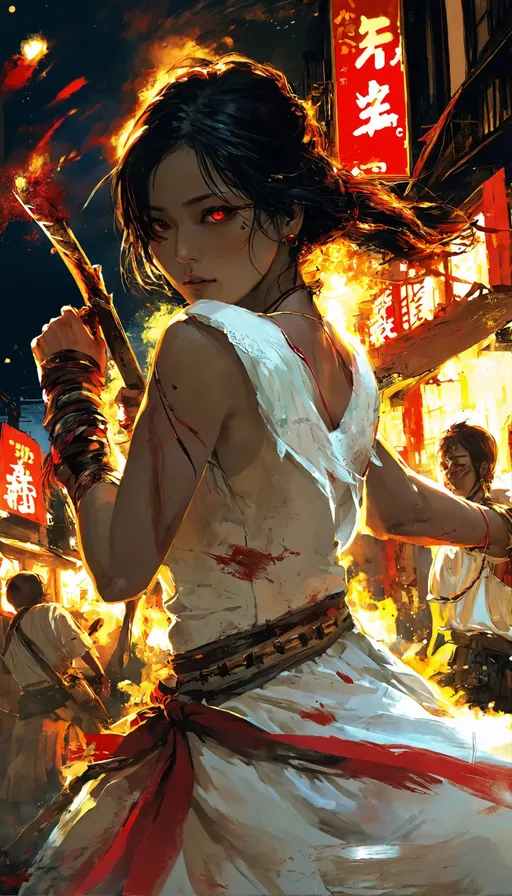 Prompt: tribe members attacking, by Eizan Kikukawa, a magazine cover with a woman, red and golden color details, a painting of a woman in a white dress, kansas town at midnight, pixiv contest winner