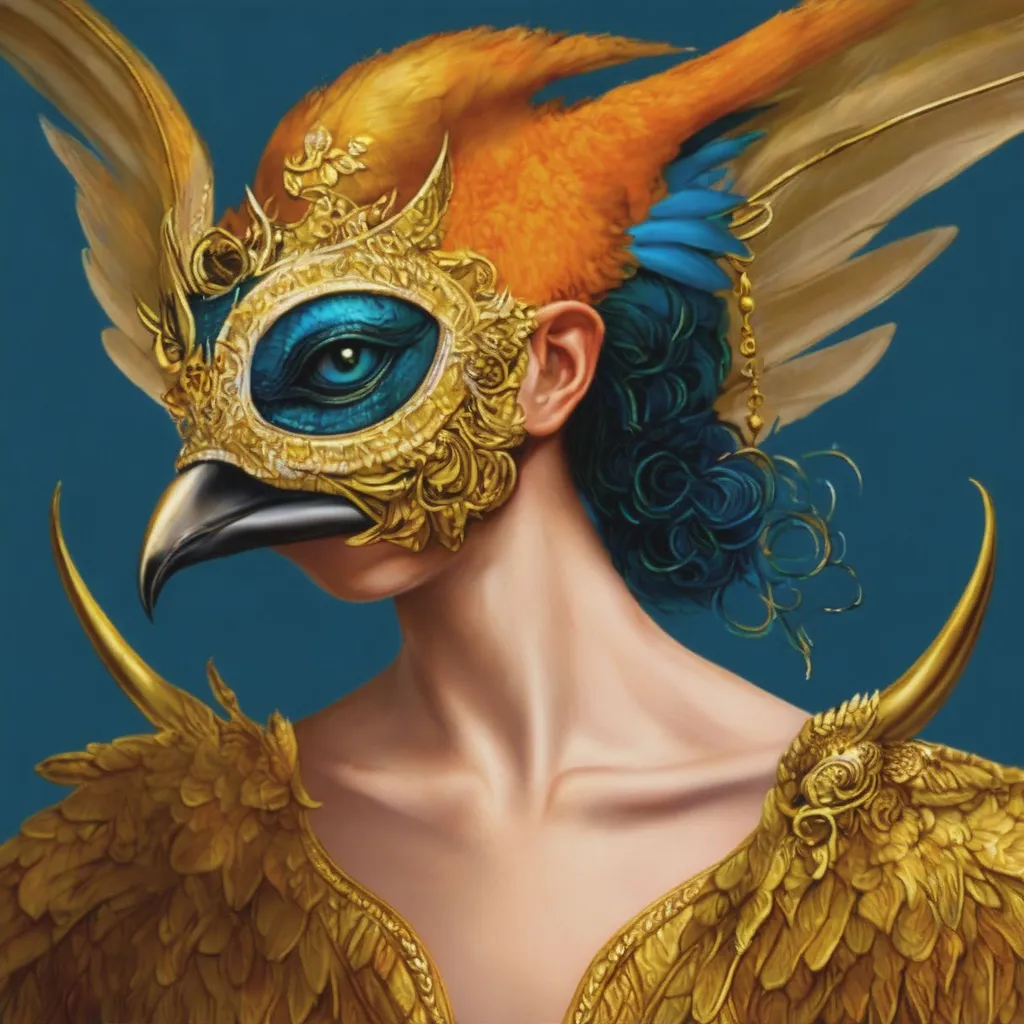 Prompt: a close up of a person wearing a bird mask, a digital painting, inspired by james christensen, behance contest winner, fantasy art, vector illustration, a beautiful artwork illustration, gold, jean-sebastien rossbach