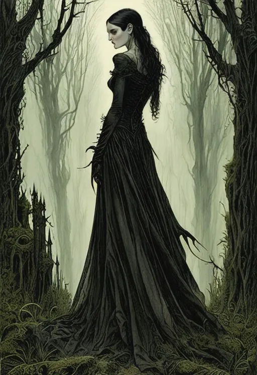 Prompt: A Gothic Romance Heroine in a yellow dress, beautiful scary female vampire, The Dark Tower, style of James Gurney, Sansa, bats flying over tombstones, by Claire Hummel, walking into a deep dark forest, handsome male vampire, by Mary C. Davidson, deviant art, vril, John Waterhouse, masterful art