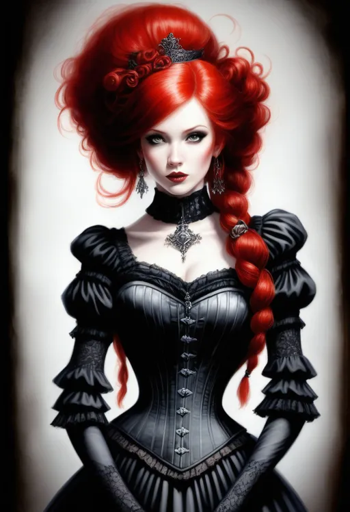 Prompt: a woman with red hair wearing a black and white corset, a character portrait by Dirk Crabeth, deviantart, gothic art, gothic, steampunk, goth, TIFF