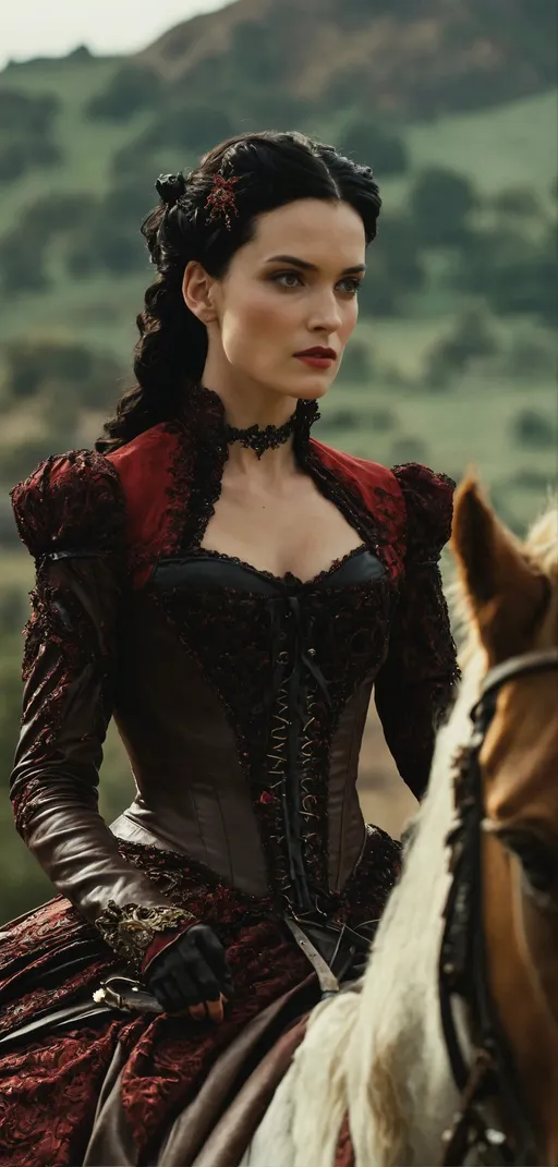 Prompt: a woman riding on the back of a brown horse, ornate goth dress, red leather corset, all in the amazing outdoors view, still image from tv series, elegant decollete, dressed in a beautiful, wearing intricate, morgana