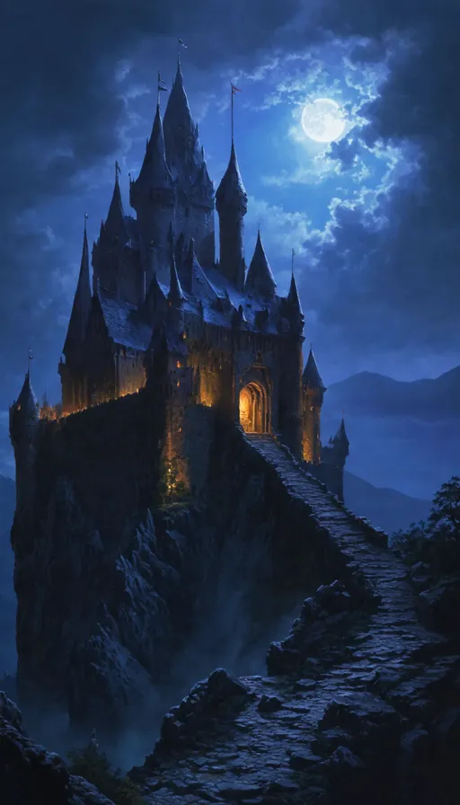 Prompt: highest quality, dark fantasy, a fantasy castle at night, ultra sharp, art by Jeff Easley, highly detailed, smooth, sharp focus, digital painting, illustration, artstation hq, rule of thirds, trending on artforum, behance hd