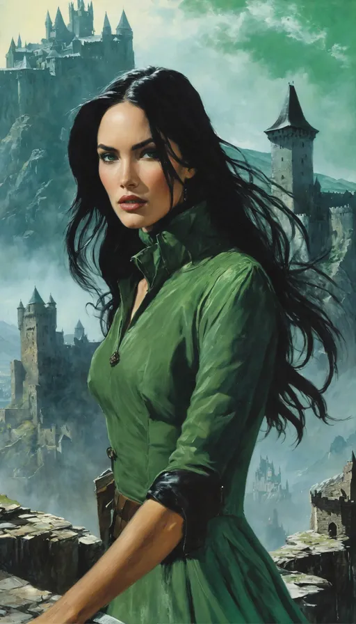 Prompt: a painting of a woman in a green dress, 1980s pulp fantasy, medieval castle on background, mistborn, female with long black hair, portrait of megan fox, old book, walking in a castle, mountain fortress city, wearing a turtleneck and jacket, paperback, fog obscures the background