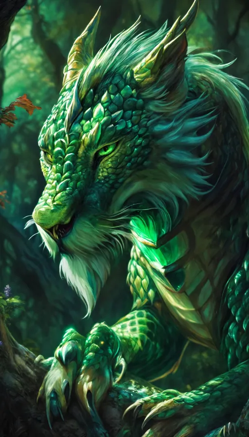 Prompt: High-res digital painting of a majestic green dragon lion vibrant shades of emerald and jade, fantasy forest setting, shimmering scales with intricate details, piercing eyes with a sense of mystery, fur blending seamlessly into dragon scales, powerful yet elegant posture, fantastical creature, magical, vibrant colors, detailed whiskers and claws, mythical, enchanting lighting