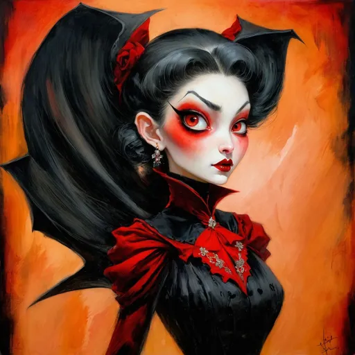 Prompt: ↑ ★★★★☆ ✦✦✦✦✦, woman vampire, in black and red clothes, gothic art, inspired by Tyrus Wong, professional, absurd res, TIFF