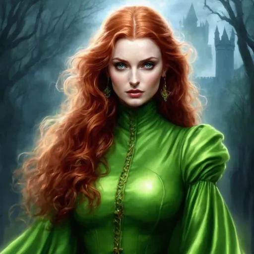 Prompt: a painting of a woman in a green dress, fighting fantasy style image, dark night stormcloud, ( castle in the background ), sansa stark, the wind moves her shirt, walks down dark hallway, (dark shorter curly hair), female thief, river of blood, ( redhead, kingslanding, by Alex Horley-Orlandelli, d & d character reveal, matte painting with high detail