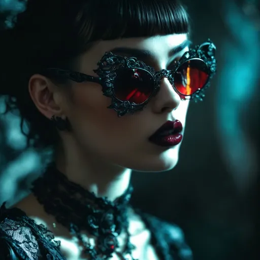 Prompt: a close up of a person wearing sunglasses, gothic fantasy art, stylish, 🎀 🧟 🍓 🧚, heavy-gauge filigree, black in, updo, lensflares, 🎀 🍓 🧚,  5 stylish, beautiful frames, mournful, editorial photo from magazine, cryptopunk, bite