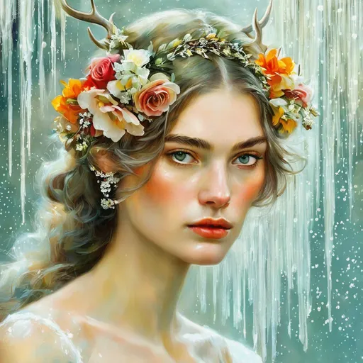 Prompt: a painting of a woman with horns and flowers in her hair, a detailed painting, fantasy art, winter princess, oil painting. hd, a beautiful artwork illustration, detailed paintings