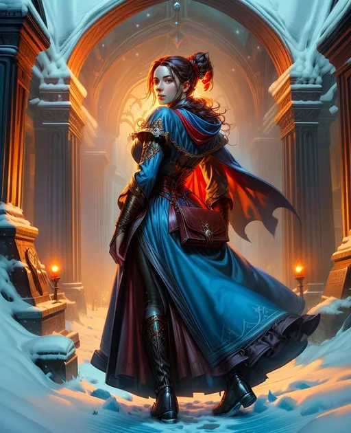 Prompt: a painting of a woman in a blue dress, daughter of the night, bright red cape on her back, with victorian clothing, dark graveyard scene, christmas night, thief, full body:: snow outside::, frostbite, run for your life, by Alex Horley-Orlandelli, bbc promotional artwork