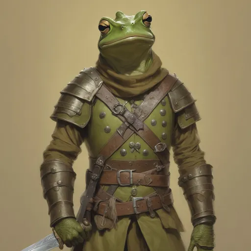 Prompt: man in armor holding a sword, ((cute frog)), 8 k ultra realistic creature, dnd, fantasy leather clothing, trench crusade, inspired by Andries Stock, arcane from netflix, fantasy ttrpg, the wednesday frog, anthro, artstation hq, #myportfolio