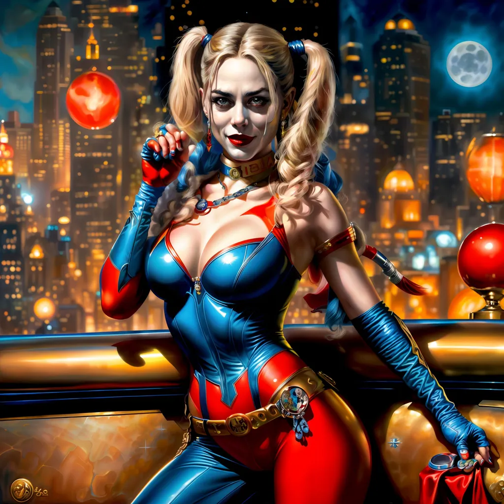 Prompt: Harley Quinn by Brian Bolland, highest quality, ultra sharp, highly detailed, oil on canvas, TIFF