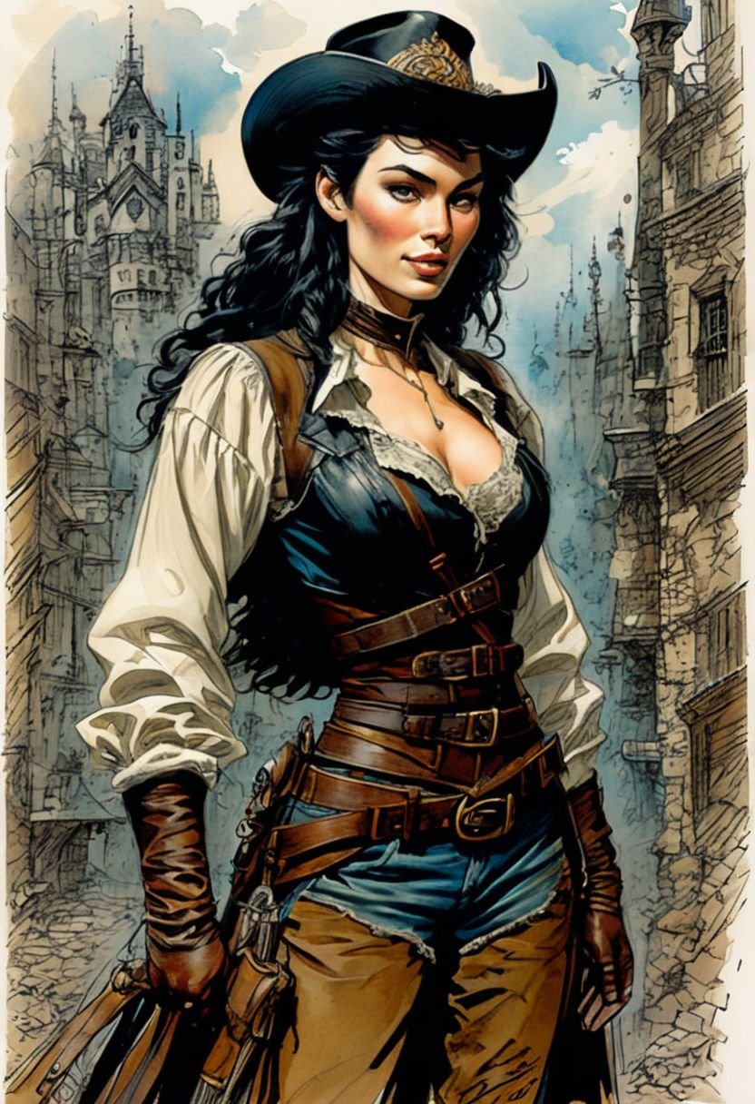 Prompt: bombshell cowgirl who looks like Lena Headey, by Enki Bilal, by Glen Keane, by Larry Elmore, amazing detail, intricate, stunning inking lines, 4K, ↑ ★★★★☆ ✦✦✦✦✦, taschen, TIFF