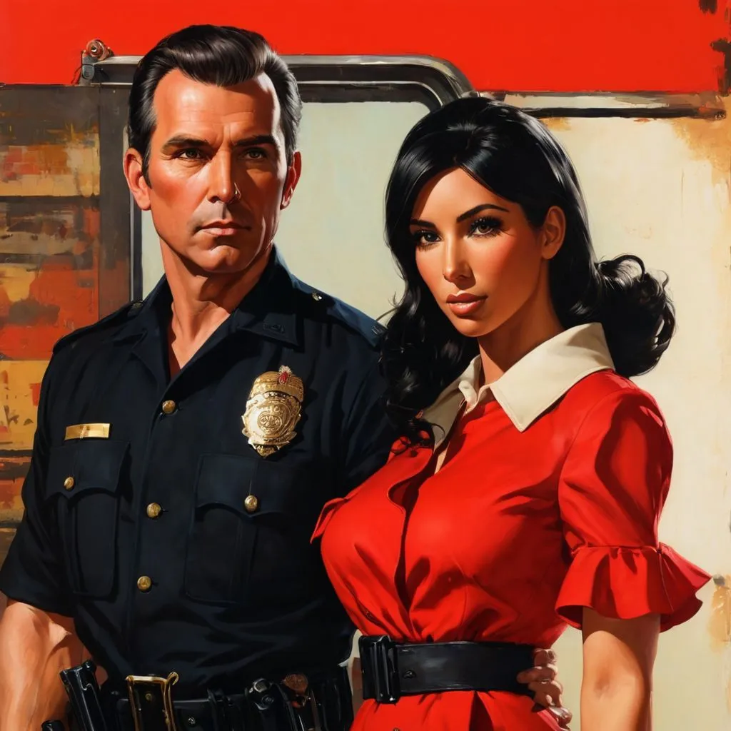 Prompt: a man standing next to a woman in a red dress, pulp illustration, kim kardashian as a cop, 60s, proportional, norm rockwell, trending on character design, scornful, loosely cropped, three women, inspired by Dennis Miller Bunker, vintage shoujo, crimes