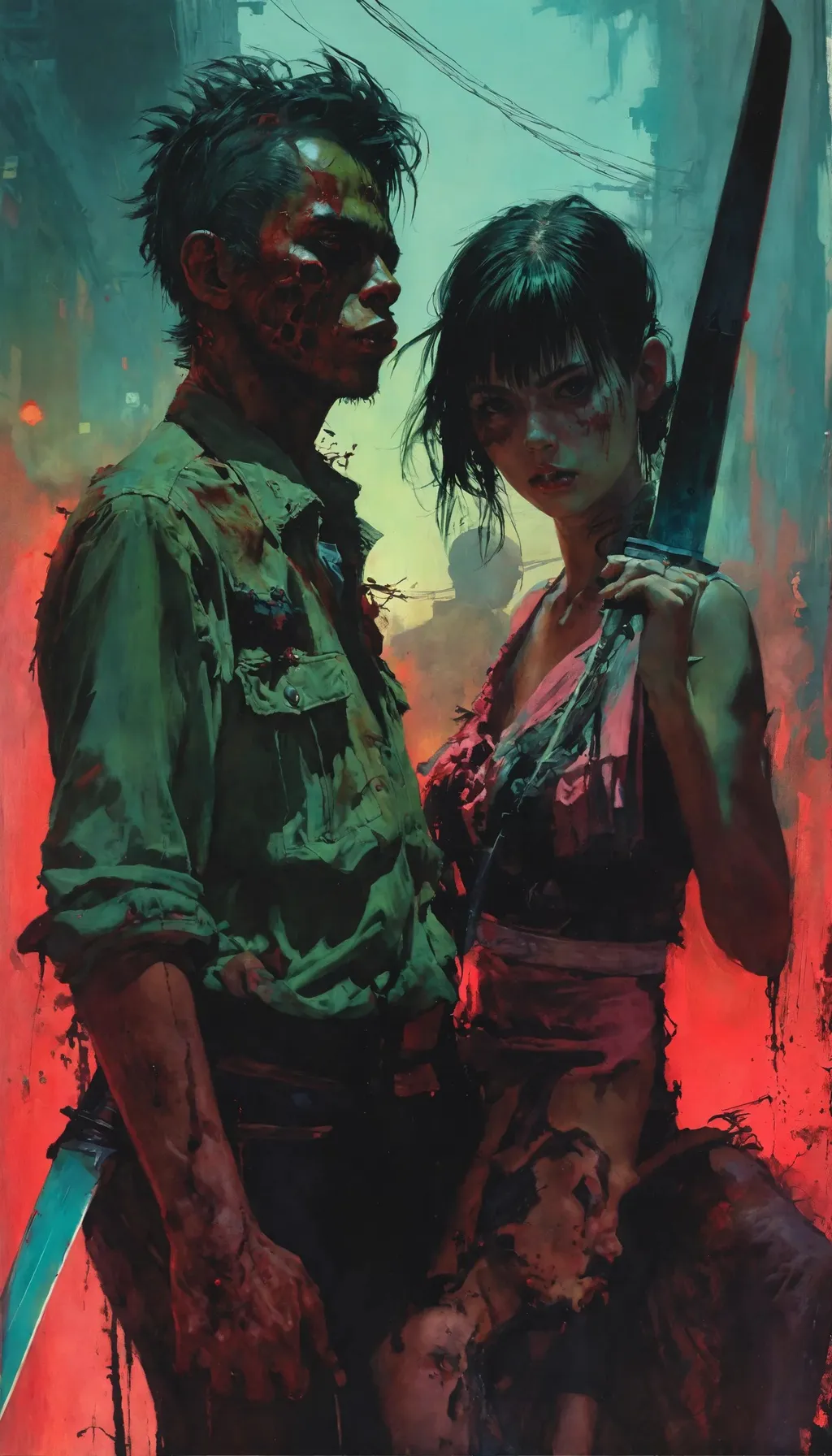 Prompt: mort kunstler, sumatraism,  🎀 🪓 🧚, color illustration, couple, a character portrait, suki, scene girl, jeremy mann, zombie is a cute punk has sword, taschen, TIFF