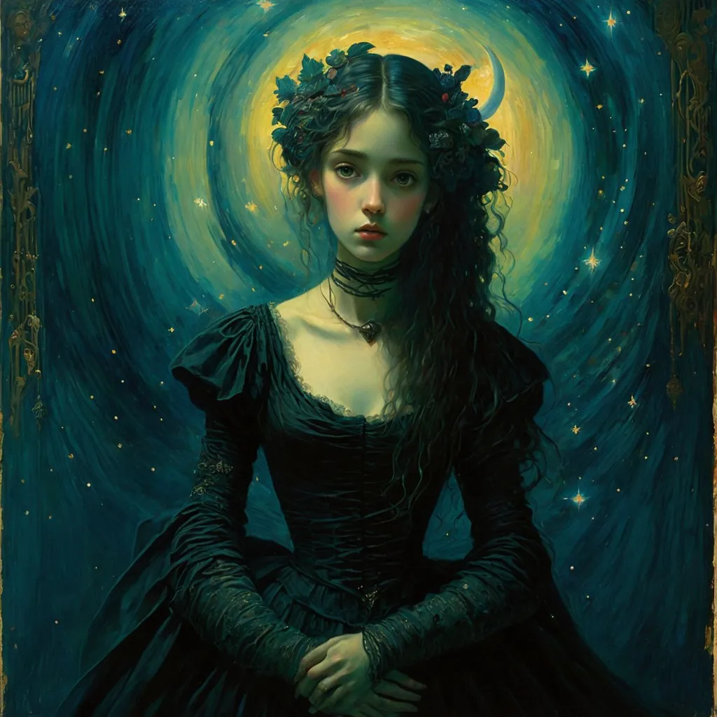 Prompt: Romantic dark fantasy novel illustration of a Gothic ghost girl standing under the stars and moon, perfect face, dreamy, by artist Gustav Klimt, by artist "Agostino Arrivabene". Candy clouds, stars by artist "Eileen Agar", Royo, beautiful face, detailed eyes, redt, TIFF