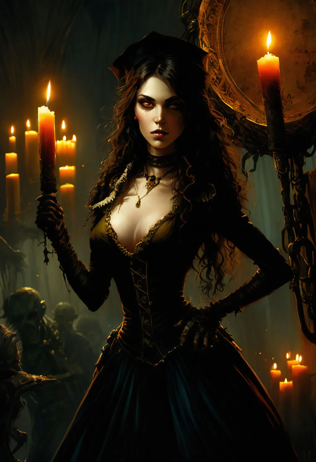 Prompt: a woman holding a candle in front of a group of zombies, a comic book panel by Steve Prescott, featured on deviantart, gothic art, official art, gothic, goth