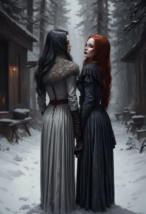 Prompt: a couple of women standing next to each other in the snow, salvia, by Alena Aenami, beautiful female vampire, redhead, A beautiful barmaid, dimly lit cozy tavern, walking into a deep dark forest, taschen, TIFF