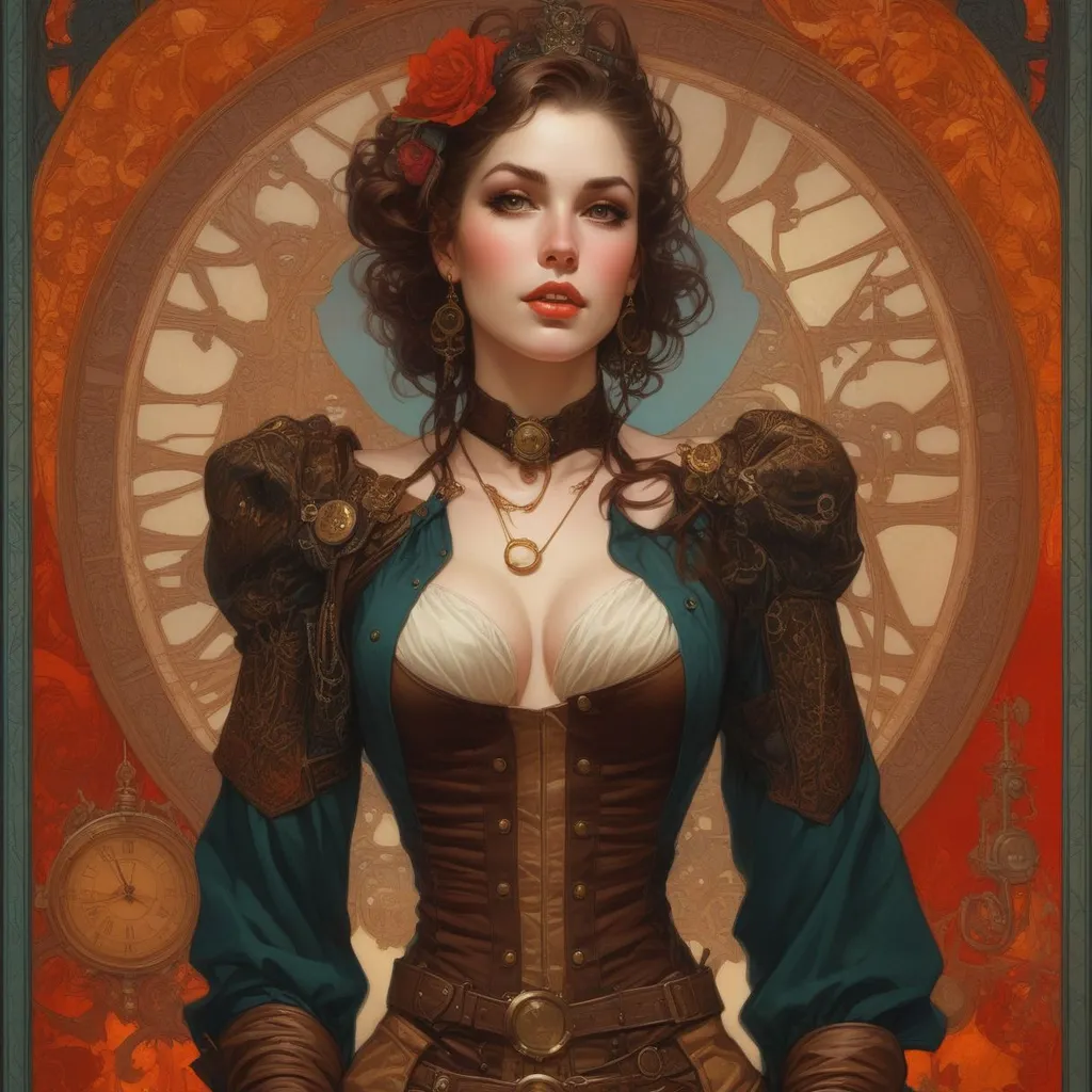 Prompt: a beautiful cottagecore steampunk woman picture by Charlie Bowater, Carl Barks, Greg Rutkowski and Alphonse Mucha, bombshell overknee boots and corsette, red neon light, full body shot, intricate, elegant, the background is chocolate! High detail, square image, centered