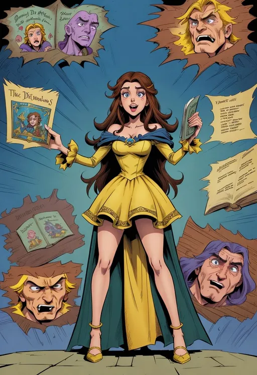 Prompt: p4n3lz, zrpgstyle, Disney character Belle, yellow dress, Mike Deodato, Glen Orbik, reading Game of Thrones book, animated style, Disney style, Glen Keane, humorous expression, detailed background, colorful and whimsical, high detail, playful scene