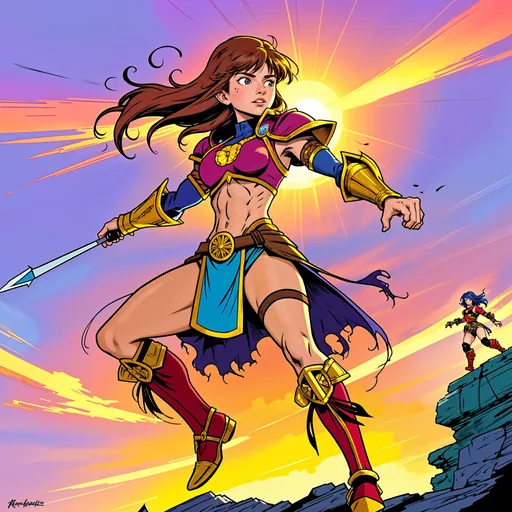 Prompt: p4n3lz, zrpgstyle, Cartoon of a female warrior standing on a cliff, gazing at a vibrant sunset. Epic scene, detailed armor, dynamic pose, rich colorsne, detailed armor, dynamic pose, rich colors, and dramatic lighting, highest quality, ultra sharp