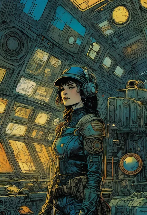 Prompt: woman, captain giving orders, cluttered starship interior, by Bruce Pennington, Enki Bilal, Philippe Druillet, pen and coloured inkwash, inked art, lineart, comic book panel, ↑ ★★★★☆ ✦✦✦✦✦, taschen, TIFF