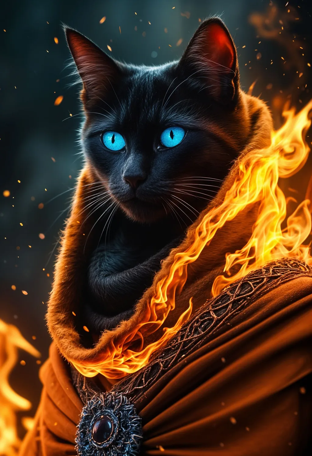 Prompt: magical cat woman (orange and black fur) (blue eyes) wearing a choker, cloak (fire element) mystical being, UHD, 4k, intricately detailed, deep colors, high contrast