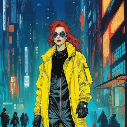 Prompt: Cyberpunk techwear streetwear look and clothes, by Brian Bolland, golden ratio, cinematic, dreamlike