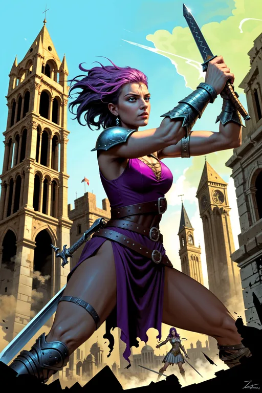 Prompt: p4n3lz, zrpgstyle, 4k, high resolution, detailed features, roman empire, a female warrior holding a sword in her hand, tower in the background, combat stance, fight, fantasy art, concept art , low angle shot, close up