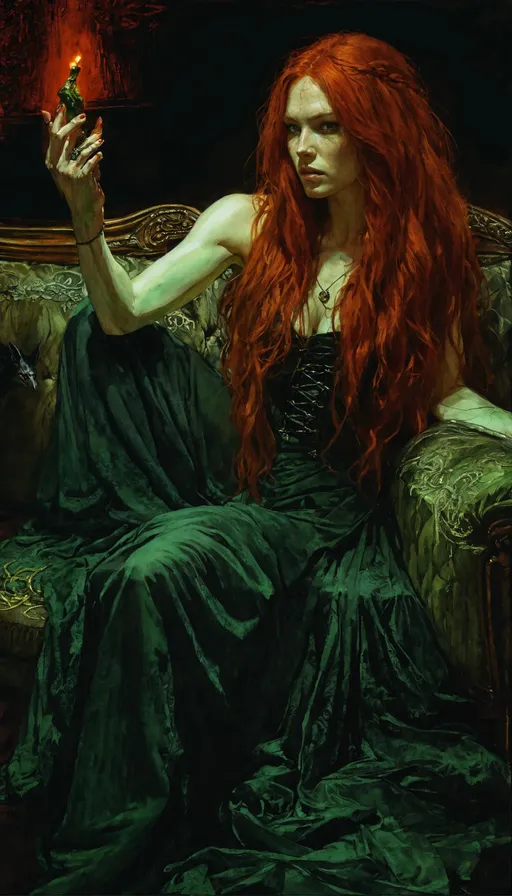 Prompt: action pose, Stunning woman with long red hair and green eyes, Centered on a black background pen and ink tarot card Marc Simonetti, a painting of a woman sitting on a couch, jormungandr, sacred vampire, medieval dress. Witch, taschen, TIFF