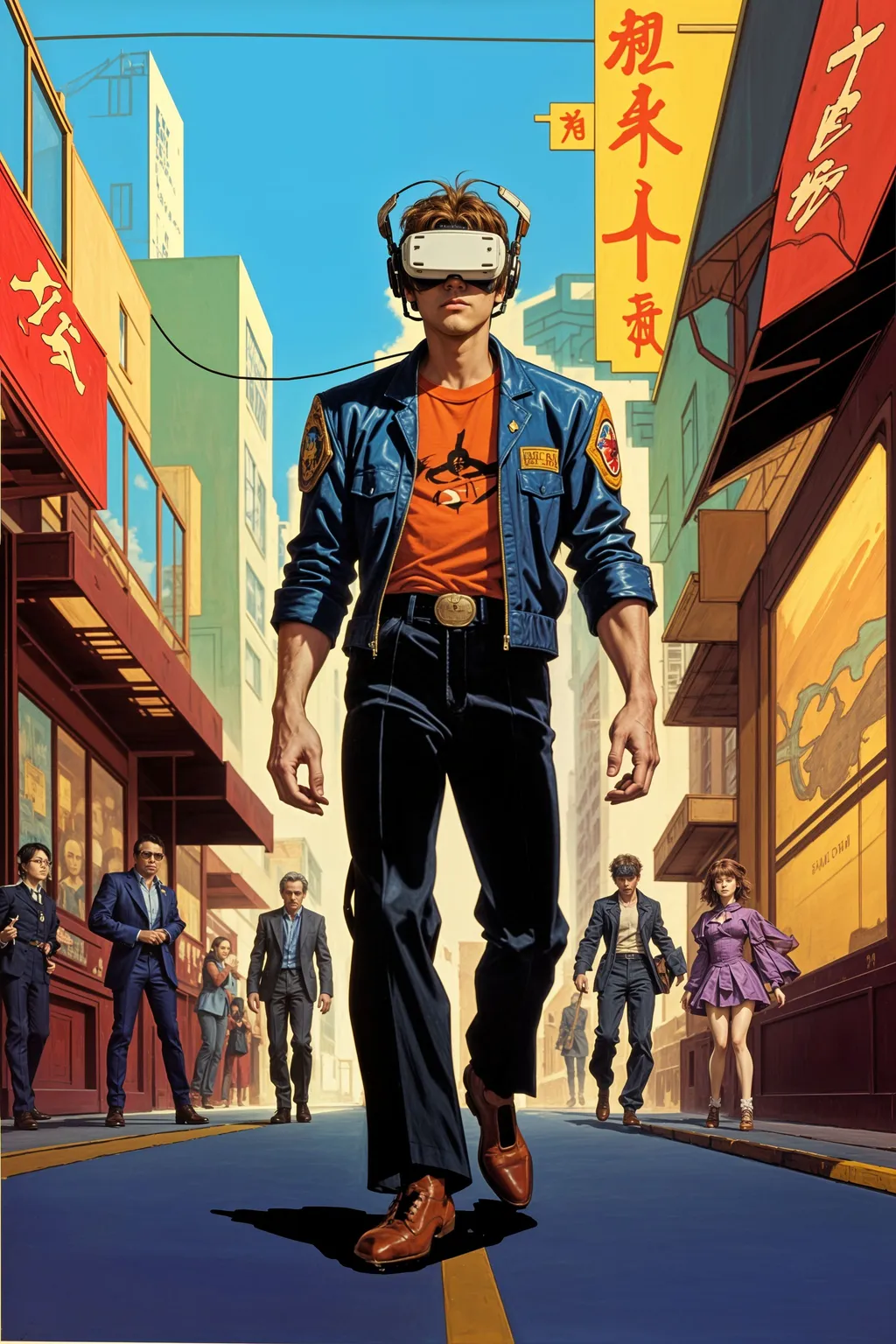 Prompt: vintage 90's anime style, a lonely man wearing a virtual reality headset walking in the street, by Hajime Sorayama, Greg Tocchini, Virgil Finlay, sci-fi, line art, environmental arcade art, ↑ ★★★★☆ ✦✦✦✦✦, taschen, TIFF