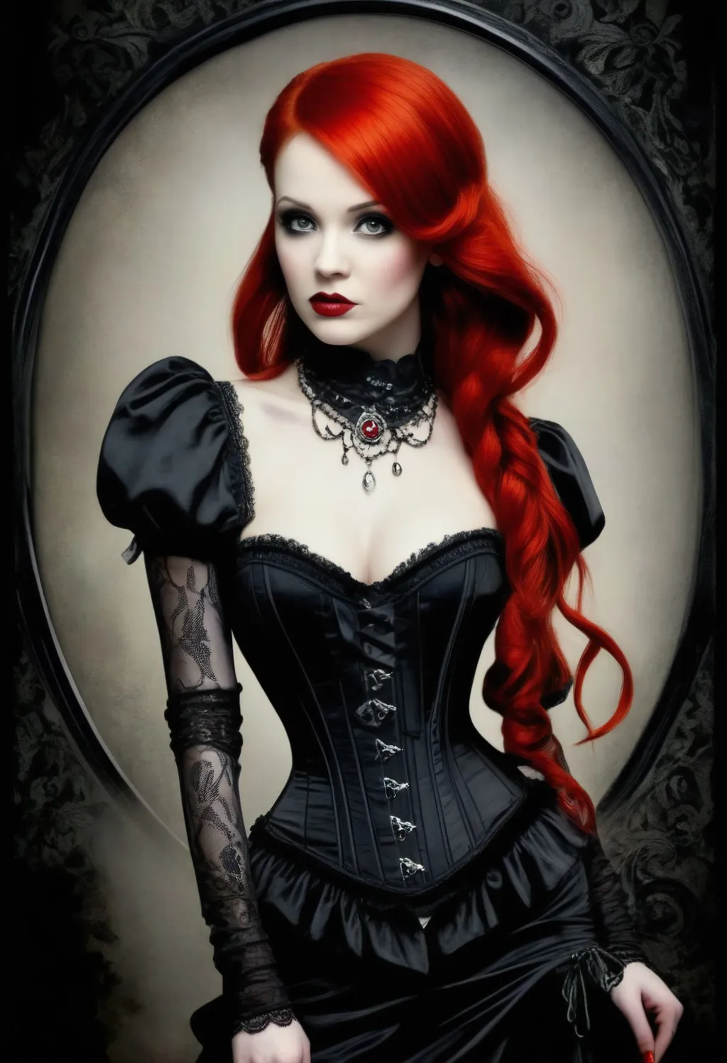 Prompt: a woman with red hair wearing a black and white corset, a character portrait by Dirk Crabeth, deviantart, gothic art, gothic, steampunk, goth, TIFF