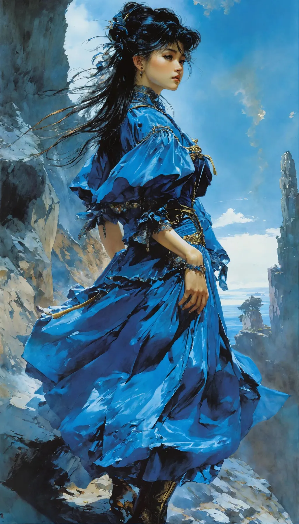 Prompt: epic mage girl character, noriyoshi ohrai masterpiece, victorian blue dress, taschen, TIFF