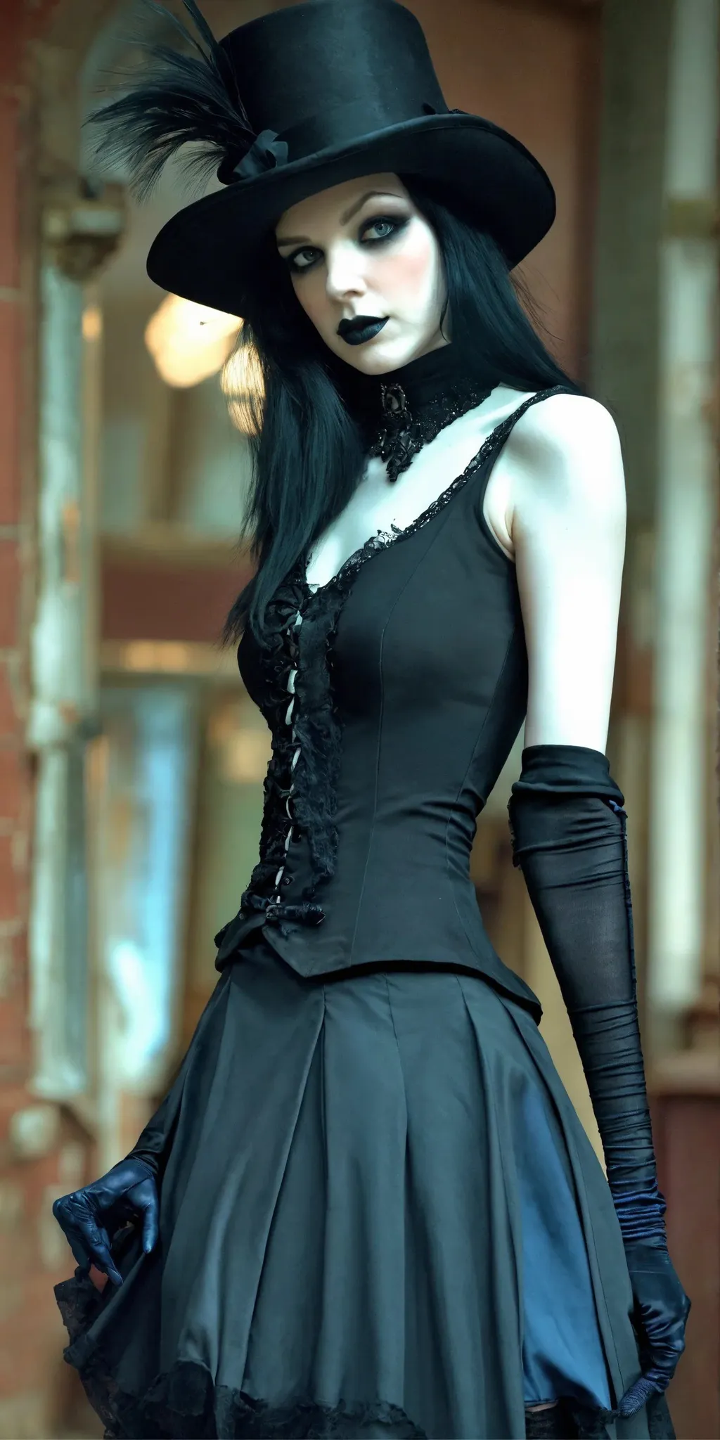 Prompt: a woman in a black dress and top hat, highest quality, very beautiful goth top model, arcane clothing, pale blue outfit, pintrest, seams, scarlet, intimidating appearance, modelsociety, dressed with fluent clothes, photo 2 0 1 0, a pale skin, high-waist-black-skirt, blue gloves, swan, much wow, TIFF