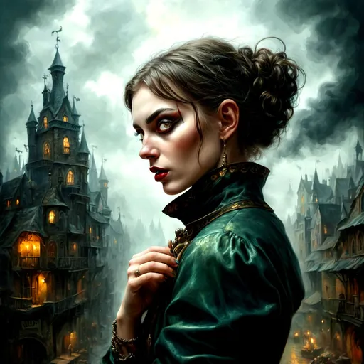 Prompt: town at midnight, pulp art, jester, breathtaking digital art, dug stanat, cloning spell, full detailed eyes, heavy metal, realistic cute girl painting, taschen, TIFF