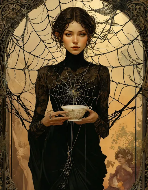 Prompt: amazing digital art, a woman in a black dress holding a spider web, promotional image, cup of death, alphonse mucha. highly detailed, HQ, dreamlike, barsoom, garden utopia, female occultist, taschen, TIFF