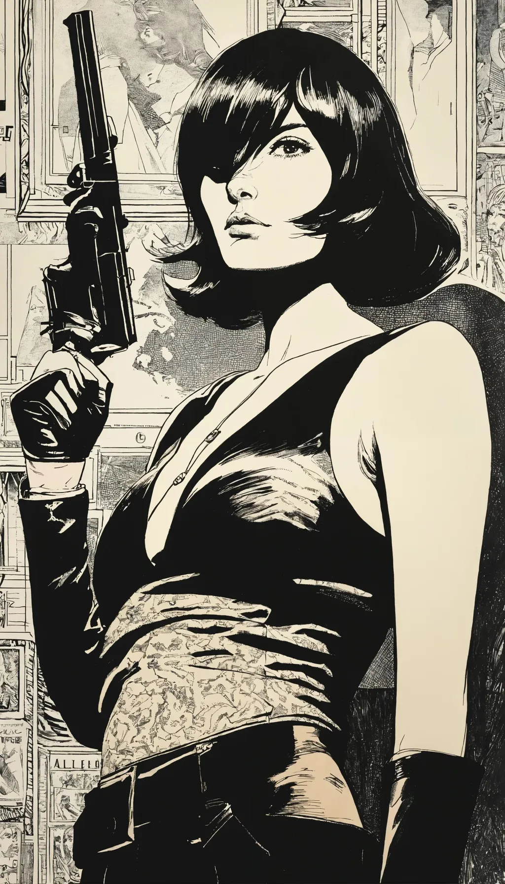 Prompt: woman spy, crepax, Wes Wilson, portrait of female rogue, final fantasy, alena, taschen, TIFF