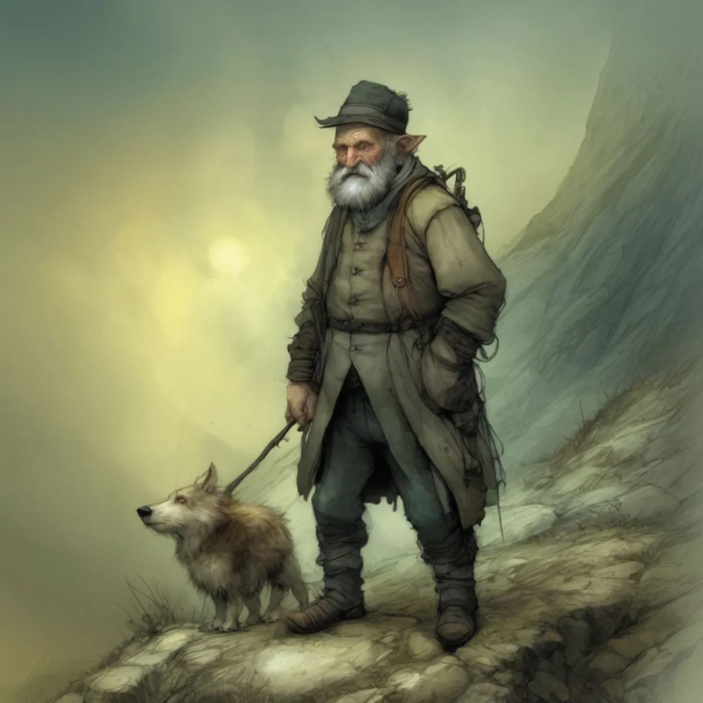 Prompt: Caucasian, Dagestani old man shepherd in mountains, by Gediminas Pranckevicius, Jean-Baptiste Monge, childrenbook illustration, detail shot, rainy, autumn, dark and moody atmosphere, Mike Mignola, fantasy, award winning, artstation hq, 8k, TIFF