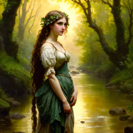 Prompt: William-Adolphe Bouguereau's painting of a dryad standing beside a forest stream, fantasy art, oil on canvas, highly detailed, sharp focus, masterpiece