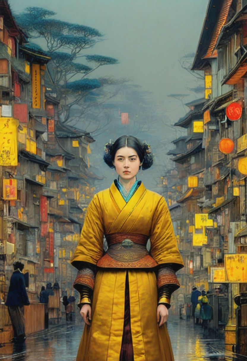 Prompt: a painting of a woman in a yellow kimono, digital art, inspired by Kanō Naizen, ancient city streets behind her, edgar maxence, symmetric matte painting, martin ansin