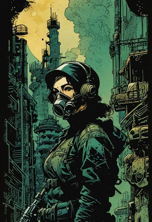 Prompt: woman wasteland scavenger, gas mask, holding a rifle in both hands, by Francesco Francavilla and Frank Miller and Becky Cloonan and Mike Allred and Mike Mignola and Neal Adams, and Bernie Wrightson and Richard Corben, TIFF