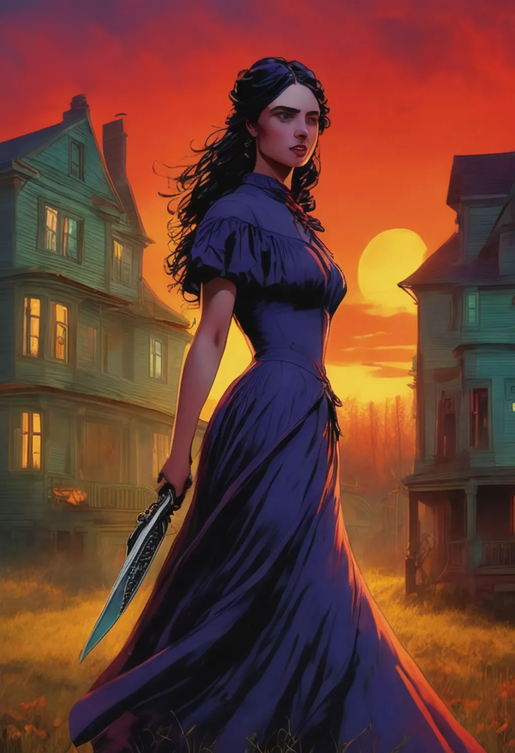 Prompt: a woman in a purple dress holding a knife, by Jason Benjamin, cg society contest winner, fantasy art, mansions of madness, sunsetting color, graphic novel cover art, yennefer