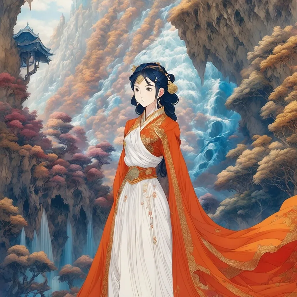 Prompt: a woman in a white and orange dress standing in front of a waterfall, an ultrafine detailed painting, inspired by Li Mei-shu, pixiv contest winner, beautiful art uhd 4 k, chinese costume, ehime, portrait of mulan