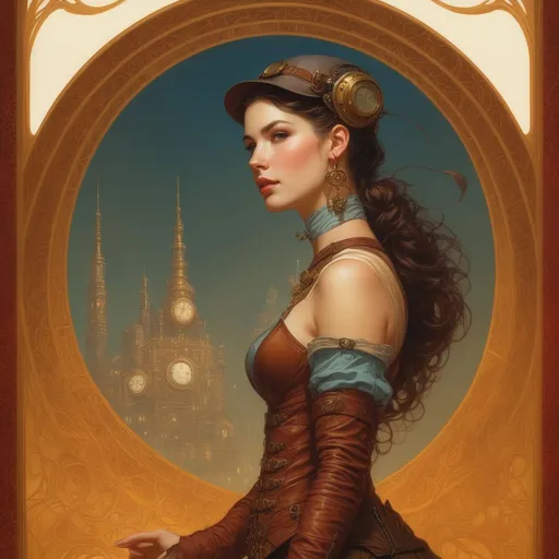 Prompt: a beautiful cottagecore steampunk woman picture by Charlie Bowater, Carl Barks, Greg Rutkowski and Alphonse Mucha, bombshell overknee boots and corsette, red neon light, full body shot, intricate, elegant, the background is chocolate! High detail, square image, centered